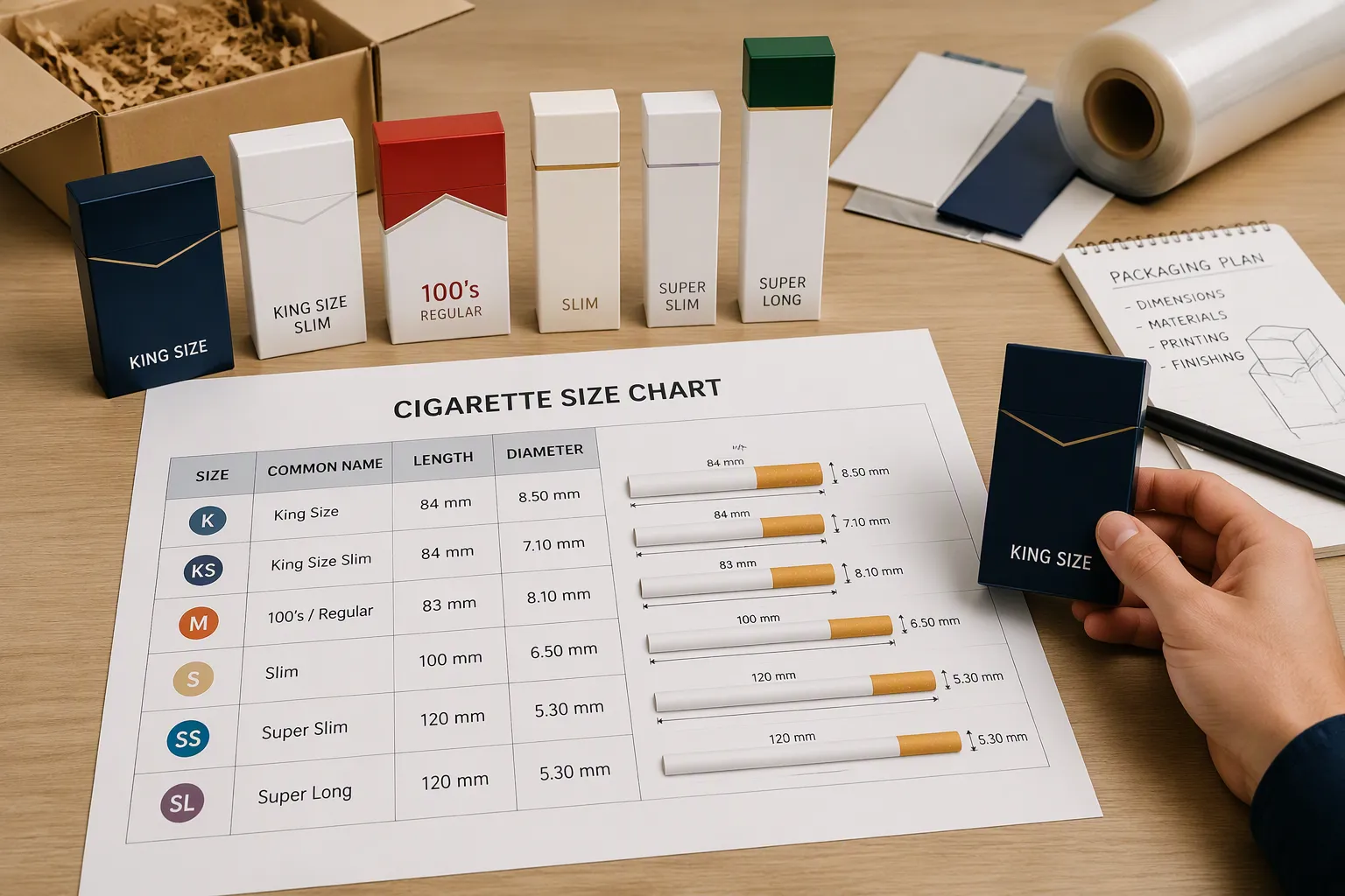 Tabla de tallas de cigarrillos y gu&iacute;a de embalaje