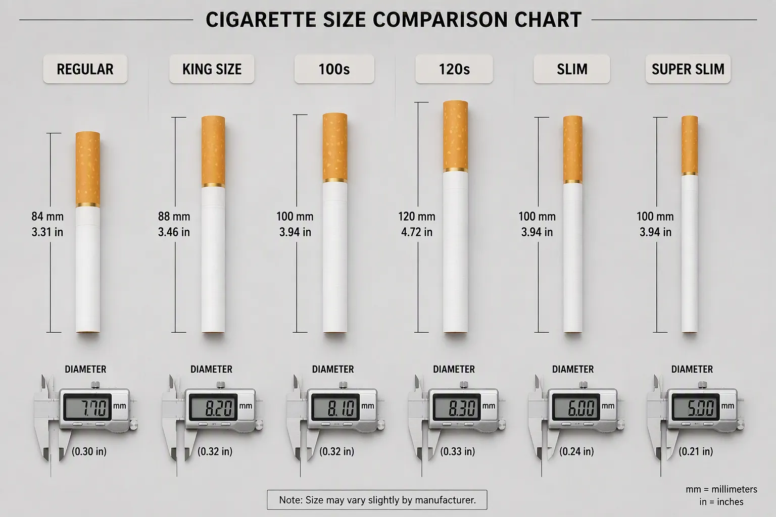Tabla de tama&ntilde;os de cigarrillos por tipo